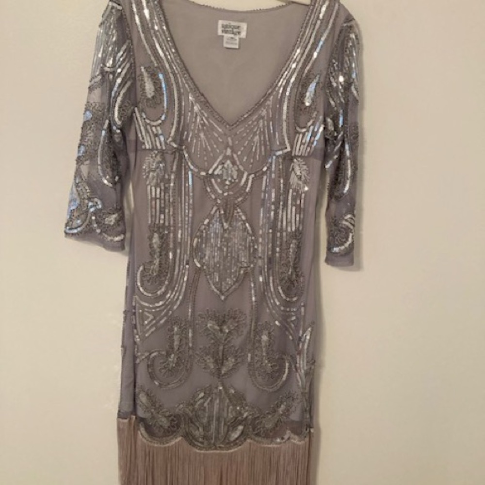 Unique Vintage Silver Sequin Fringe Dress